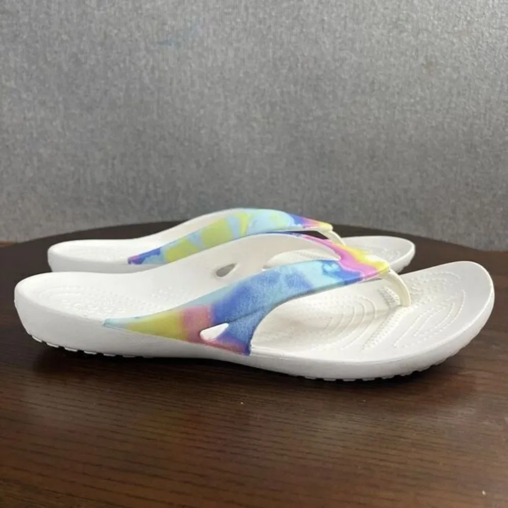 Crocs Sandals Womens Size 11 White tie Dye Kadee Comfort Thong Flip Flop Slip On